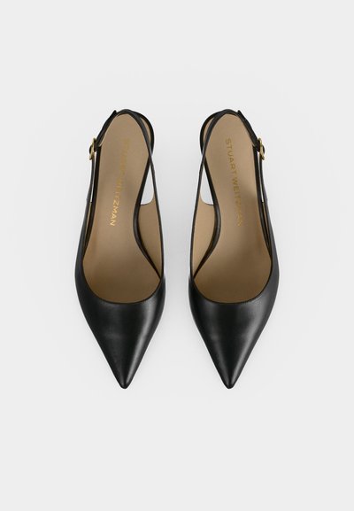 Paire de slingbacks noirs à bout pointu avec boucles dorées, vue de dessus sur fond blanc uni.