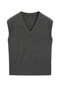 Gray sleeveless sweater vest with a V-neckline, made of soft knit fabric. Features a ribbed hem and a smooth texture throughout.