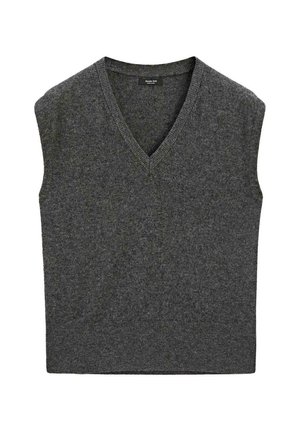 Grauer ärmelloser Pullover mit V-Ausschnitt, aus weichem Strickstoff gefertigt. Verfügt über einen gerippten Saum und eine glatte Textur.