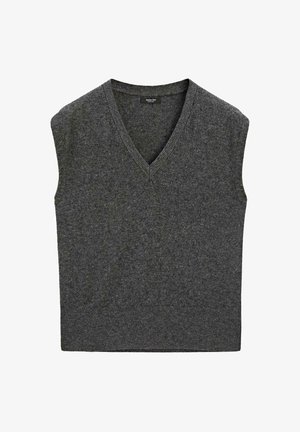 Grauer ärmelloser Pullover mit V-Ausschnitt, aus weichem Strickstoff gefertigt. Verfügt über einen gerippten Saum und eine glatte Textur.