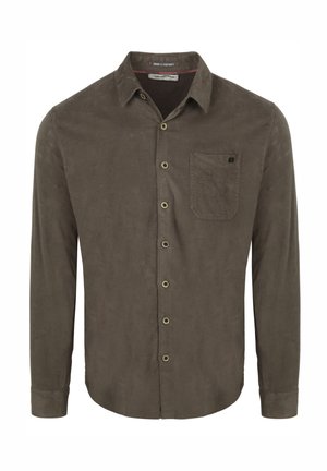 Bruine corduroy blouse met lange mouwen, knoopsluiting, één borstzak en een subtiele textuur. Heeft goudkleurige knopen.