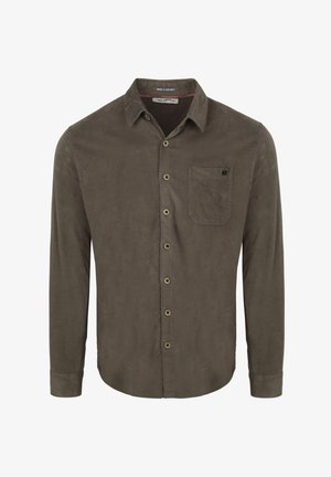 Bruine corduroy blouse met lange mouwen, knoopsluiting, één borstzak en een subtiele textuur. Heeft goudkleurige knopen.