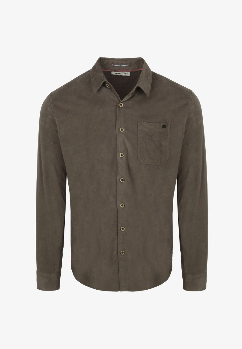 Bruine corduroy blouse met lange mouwen, knoopsluiting, één borstzak en een subtiele textuur. Heeft goudkleurige knopen.