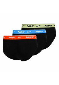 Tres pares de calzoncillos negros tipo bóxer con cinturillas de logo de Nike en colores naranja, azul y verde claro, apilados uno al lado del otro.