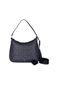 Borsa a spalla designer grigio scuro con motivo ripetitivo "GATTINONI ROMA" e tracolla nera staccabile su sfondo bianco.