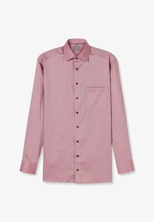 Long-sleeve button-up shirt in light red with fine pattern, chest pocket on left, and classic collar.