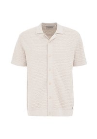 Camicia a maniche corte con bottoni di colore beige chiaro, in tessuto testurizzato con un motivo sottile, dotata di colletto e cinque bottoni sul fronte.