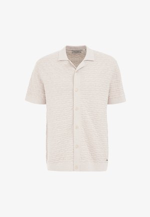 Cămașă cu mâneci scurte, de culoare bej deschis, dintr-un material texturat cu un model subtil, având guler și cinci butoane pe față.