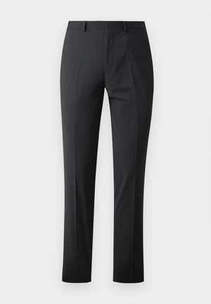 Maßgeschneiderte dunkelgraue Hose mit glatter Textur, schlankem Schnitt, flachem Frontdesign und normalem Bund. Verfügt über gepresste Falten und keine sichtbaren Muster.