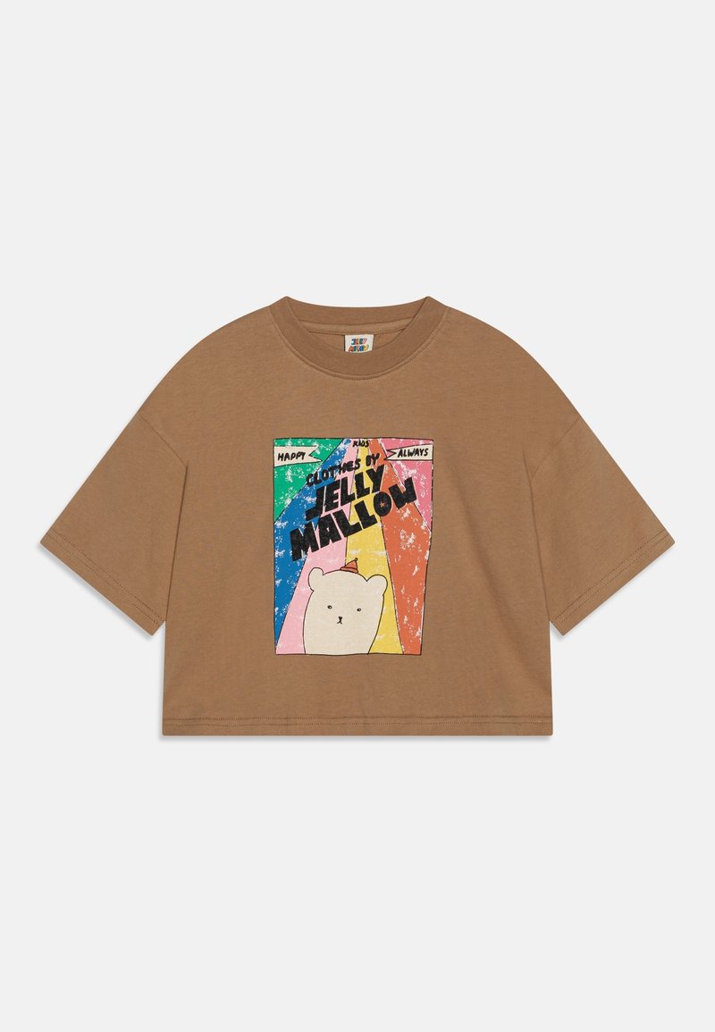 Brown cropped t-shirt with short sleeves, featuring a graphic print of a bear on a colorful background with text accents. Cotton material.
