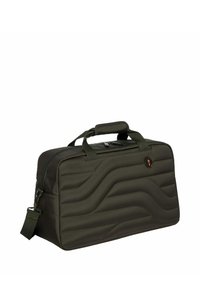 Borsa imbottita verde scuro con due manici, una tracolla staccabile e un motivo a onde testurizzato; presenta un logo rotondo sul davanti.