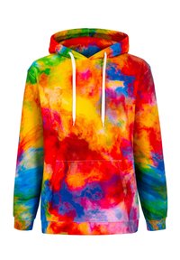 Colorful sweatshirt featuring a blend of red, yellow, blue, and green hues. It has a front pocket and a drawstring hood. Soft fabric texture.