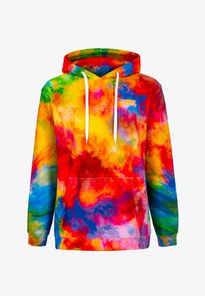 Felpa colorata con una combinazione di tonalità rosse, gialle, blu e verdi. Ha una tasca frontale e un cappuccio regolabile. Tessuto morbido.