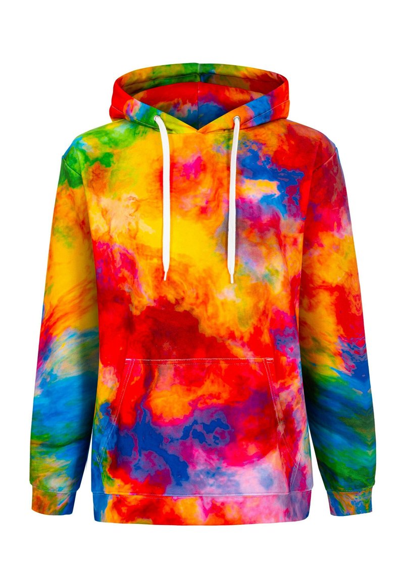 Colorful sweatshirt featuring a blend of red, yellow, blue, and green hues. It has a front pocket and a drawstring hood. Soft fabric texture.