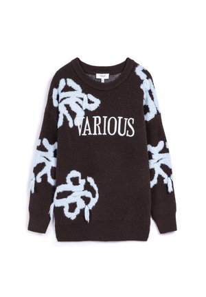 Black knit sweater with light blue abstract patterns on sleeves and body, and "VARIOUS" in white capital letters on front.