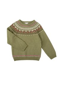Suéter verde de punto con un canesú diseñado, en el que se aprecian patrones geométricos en rojo y blanco. Puños y dobladillo acanalados, de grosor medio.