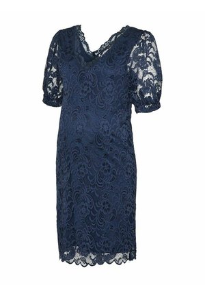 Marineblauwe kant jurk met korte pofmouwen, V-hals en bloemmotieven. Een gekartelde zoomdetail verbetert het elegante ontwerp.