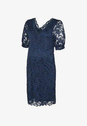Marineblauwe kant jurk met korte pofmouwen, V-hals en bloemmotieven. Een gekartelde zoomdetail verbetert het elegante ontwerp.