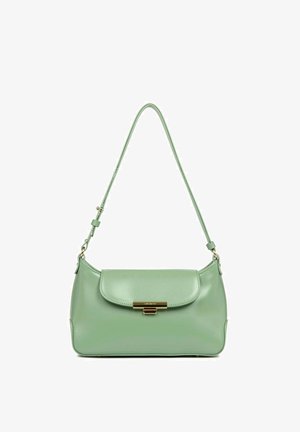 Mint green leather handbag with a structured design, a flap closure, and gold hardware accents. Features a detachable, adjustable shoulder strap.