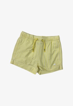 Pantaloni da bagno gialli a righe con vita elasticizzata e lacci. Presenta due tasche laterali e un dettaglio del logo sull'orlo.