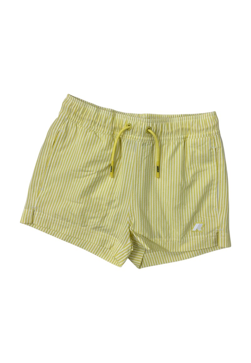 Pantaloni da bagno gialli a righe con vita elasticizzata e lacci. Presenta due tasche laterali e un dettaglio del logo sull'orlo.