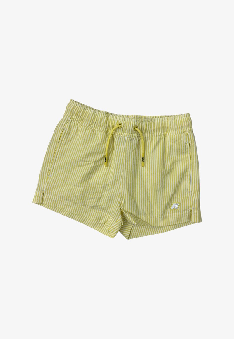 Pantaloni da bagno gialli a righe con vita elasticizzata e lacci. Presenta due tasche laterali e un dettaglio del logo sull'orlo.
