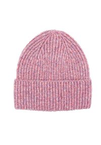 Pink knitted beanie hat with a ribbed texture, featuring a folded cuff and subtle multicolor thread variations throughout.