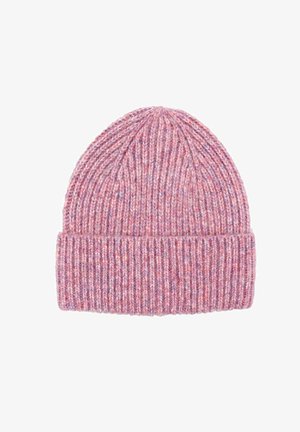 Rosa gestrickte Mütze mit gerippter Textur, ausgestattet mit einem umgeschlagenen Bündchen und dezenten mehrfarbigen Fadenvariationen.
