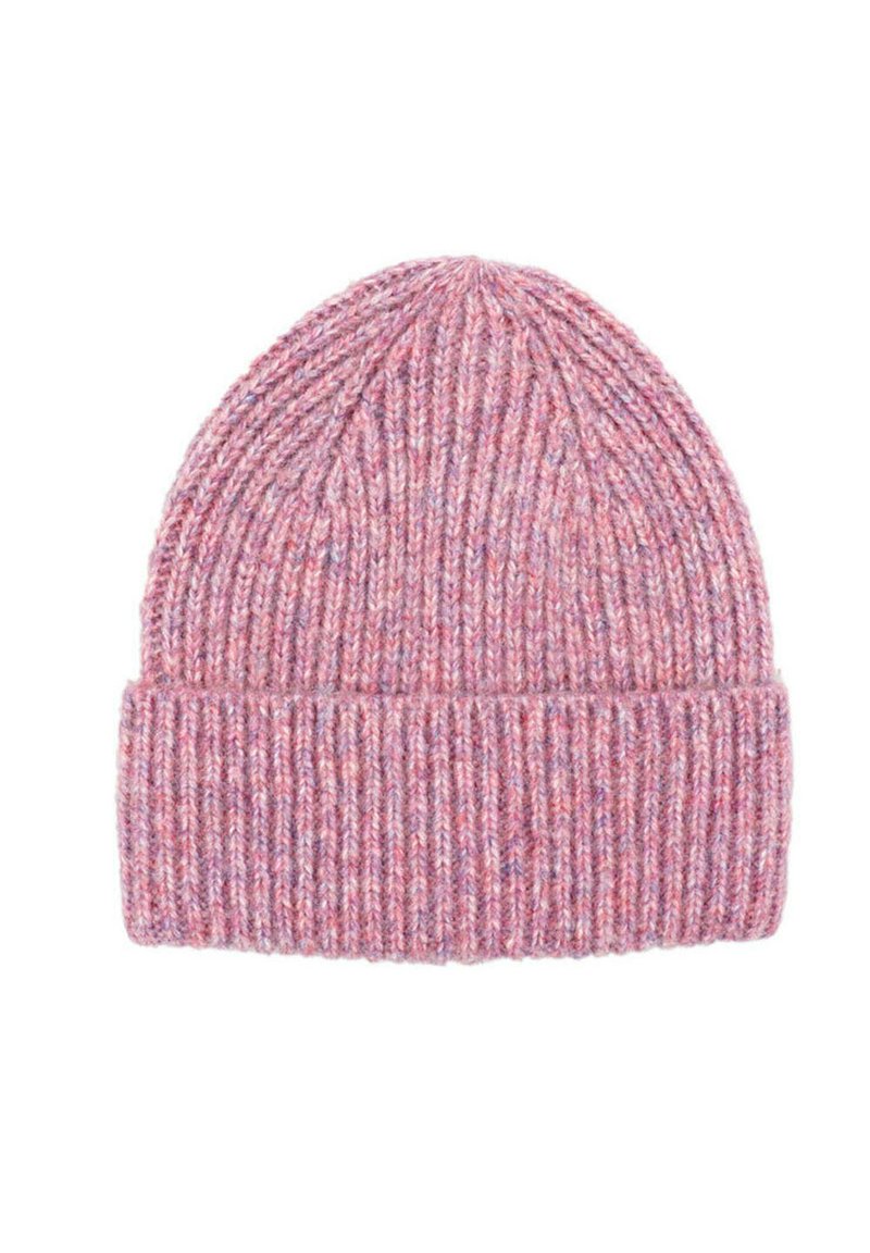 Pink knitted beanie hat with a ribbed texture, featuring a folded cuff and subtle multicolor thread variations throughout.