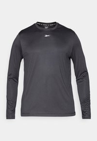 Schwarzes langärmliges Sportshirt aus feuchtigkeitsregulierendem Material, mit Rundhalsausschnitt und dezentem Logo auf der Brustmitte.