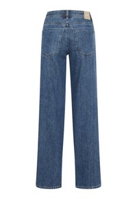 Wide-leg blue denim jeans with a high waist. Features two back pockets and a leather label on the waistband. Smooth texture, classic design.