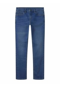 Blugi din denim albastru închis cu design cu picior drept, prevăzuți cu buzunare frontale, ușoare aspecte de uzură și detalii de cusături aurii.