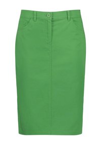 Grön knälång kjol med framsydda knappar, bälteöglor och två framfickor i ett slätt tyg.