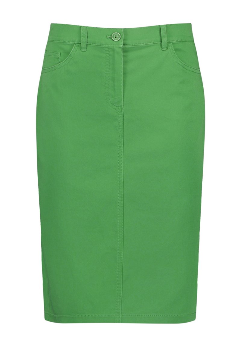 Grön knälång kjol med framsydda knappar, bälteöglor och två framfickor i ett slätt tyg.