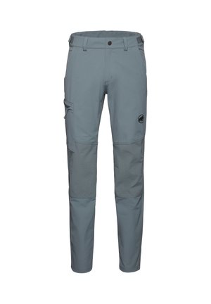 Pantalons d'extérieur gris en matériau léger, avec des sections de genoux renforcées, une poche zippée sur le côté et un patch logo.