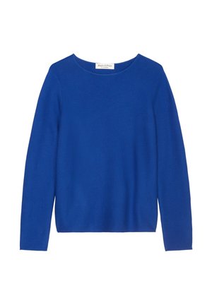 Blauer, langärmeliger Pullover aus weichem Material. Mit rundem Ausschnitt und geripptem Muster an den Bündchen und dem Saum. Markenlabel sichtbar.