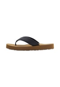 Sort flip-flop med to brede stropper, en tan sål og en tekstureret fodseng. Har et thong-design med et afrundet tåområde.