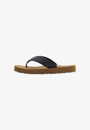 Black flip-flop with two thick straps, a tan sole, and a textured footbed. Features a thong design with a rounded toe area.