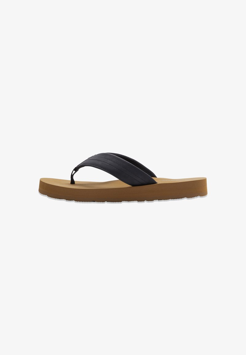 Schwarze Flip-Flops mit zwei dicken Riemen, einer hellbraunen Sohle und einem strukturierten Fußbett. Sie verfügen über ein Zehentrenner-Design mit einem abgerundeten Zehenbereich.