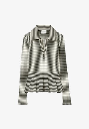 Top a maniche lunghe a righe bianche e nere con scollo con collo e orlo a peplo. Realizzato in tessuto costellato con vestibilità rilassata.