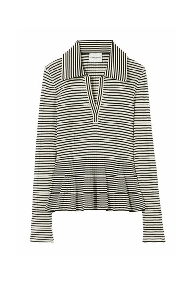 Top de manga larga a rayas blancas y negras con cuello de solapa y bajo estilo peplum. Hecho de un tejido acanalado con un corte holgado.