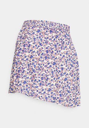 Saia floral com uma cintura elástica, apresentando um padrão multicolorido de pequenas flores roxas e azuis sobre um fundo claro.