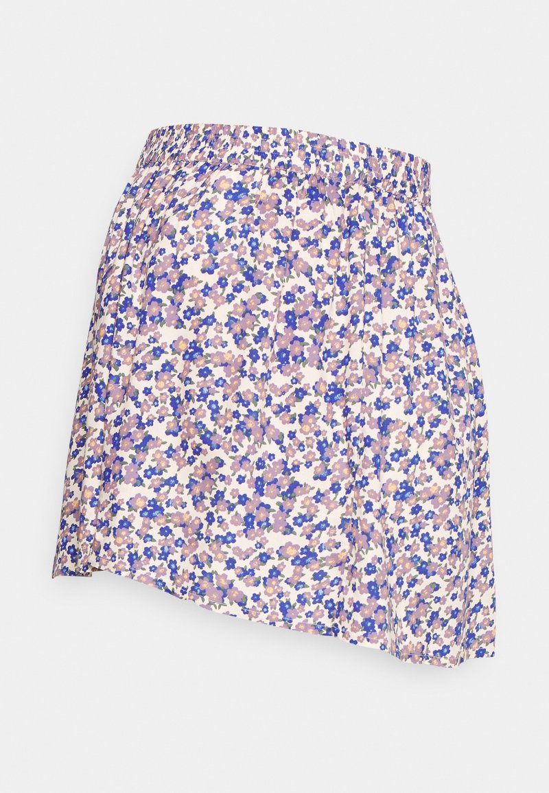 Saia floral com uma cintura elástica, apresentando um padrão multicolorido de pequenas flores roxas e azuis sobre um fundo claro.