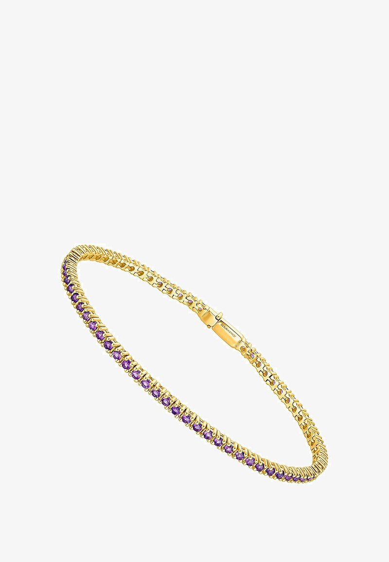 Pulsera chapada en oro con una serie de piedras preciosas moradas en un diseño de cadena enlazada, con un cierre seguro.