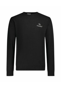 Maglione nero con maniche lunghe, scollo rotondo e la scritta "Che trattata!" ricamata in bianco sul lato sinistro del petto. Tessuto liscio, vestibilità classica.