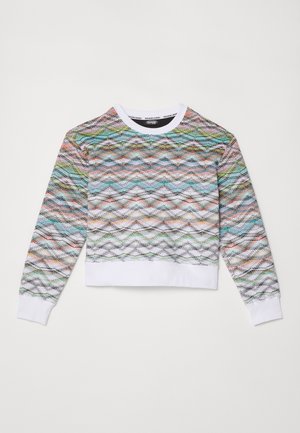 Sweat-shirt court avec un motif de vagues multicolores, doté d'un col rond blanc et de poignets. Fabriqué à partir d'un tissu texturé et confortable.