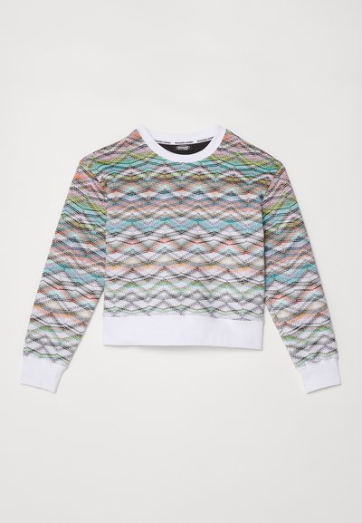 Συμπιεσμένο φούτερ με πολύχρωμο σχέδιο κυμάτων, διαθέτοντας λευκή στρογγυλή λεήκη και μανίκια. Κατασκευασμένο από υφασμάτινη, άνετη ύλη.