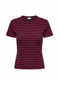 Rød og marineblå stribet kortærmet t-shirt med rund hals, lavet af ribbet stof, med lige vandrette striber.