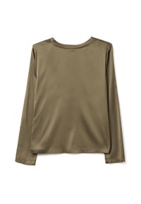Langärmeliges Shirt in Olivgrün, aus glattem, satinähnlichem Material gefertigt. Verfügt über einen runden Halsauschnitt und einen geraden Saum mit minimalen Nähten.