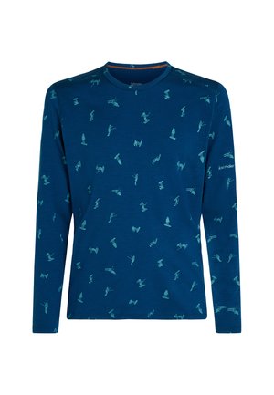 Navy long-sleeve shirt featuring turquoise skiing and snowboarding graphics, round neck, and soft, lightweight fabric.
